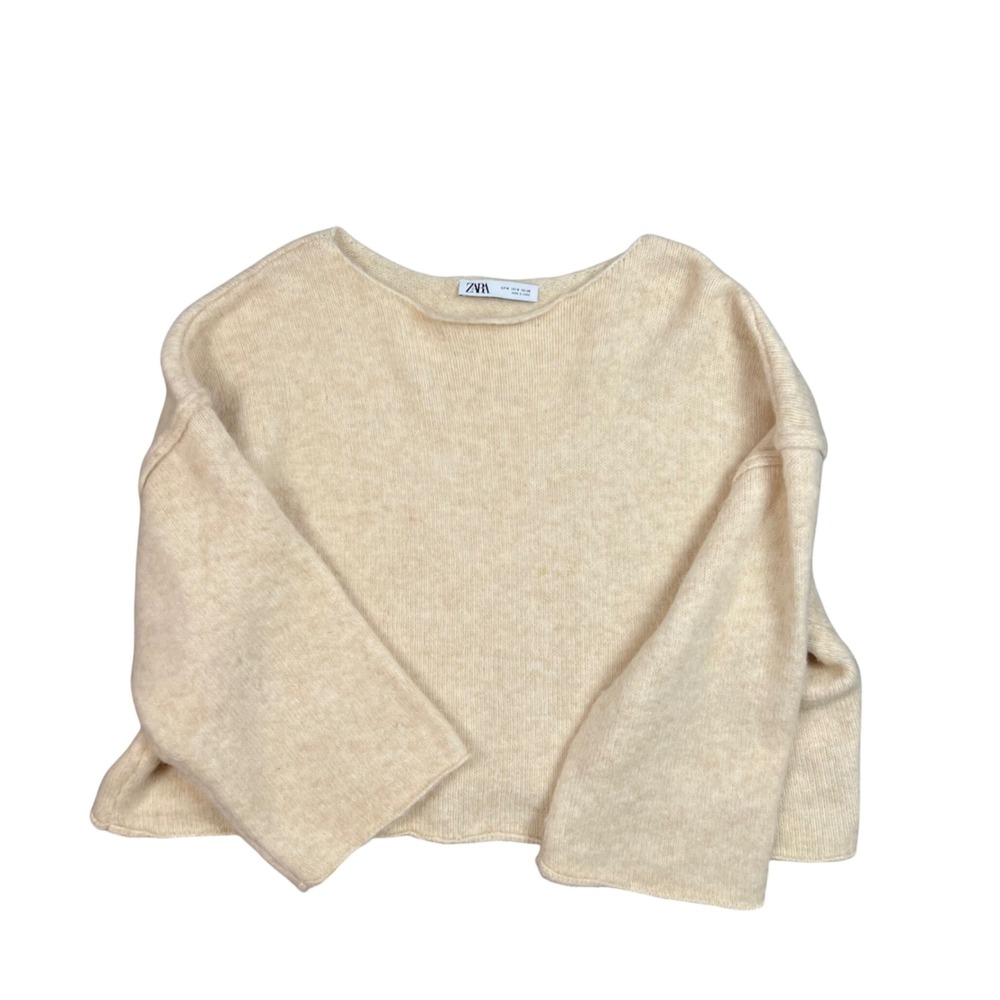 ZARA Knit Sweater Cream Beige Crew Neck Long Sleeve Cropped Women's M